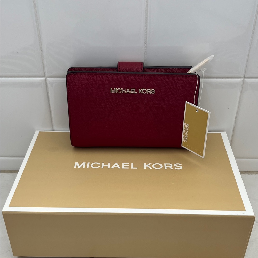 Michael Kors Cherry Red Jet Set Travel Wallet with Gold Accents